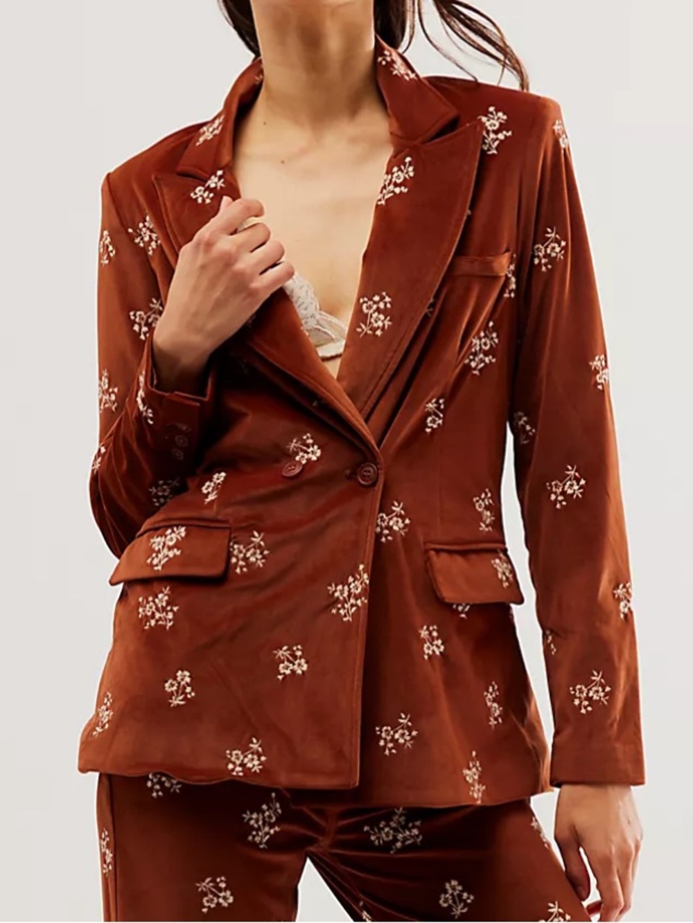 Driftwood Velour Brown Embroidered Floral Blazer Jacket size XS